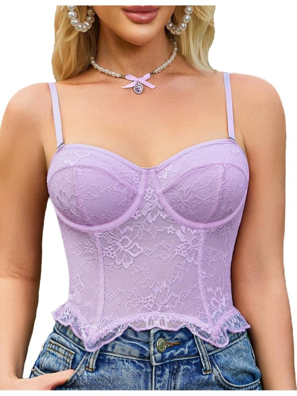 Women's Purple Hook and Eye Underwire Lace Sweetheart Bustier Cami Corset Top